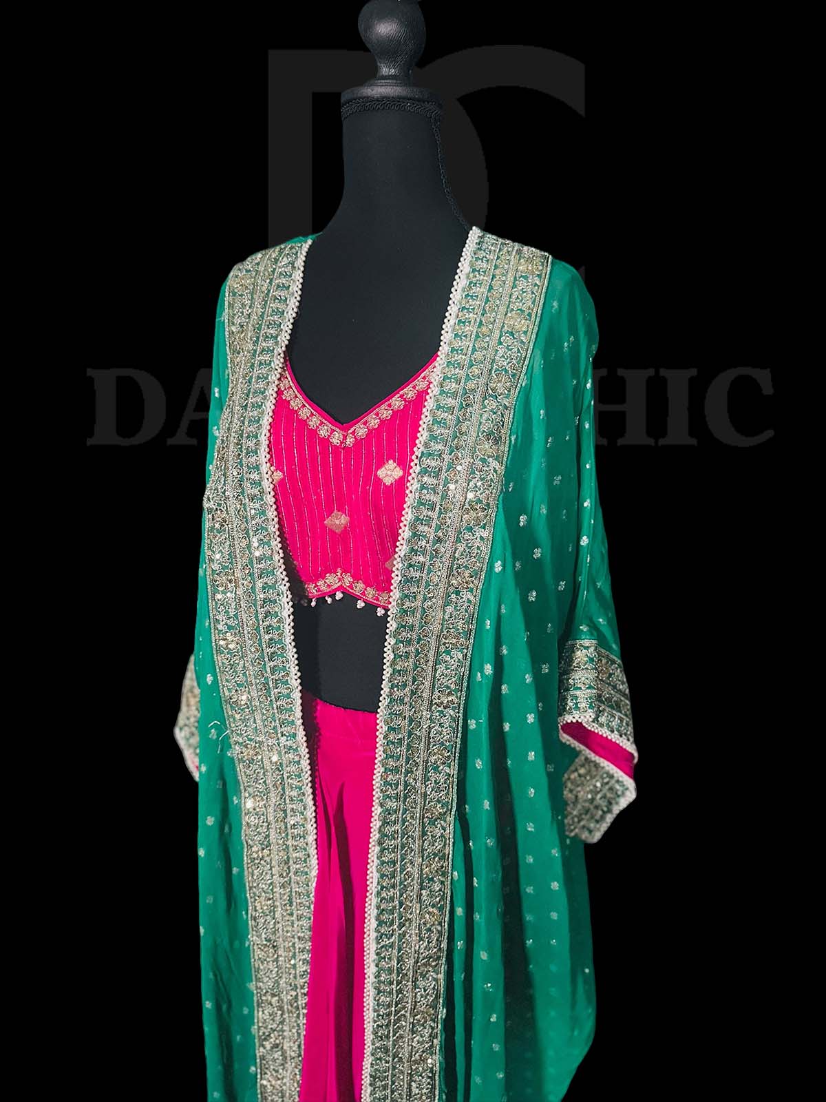 Pink | Green Oversized Embroidred Cape Set