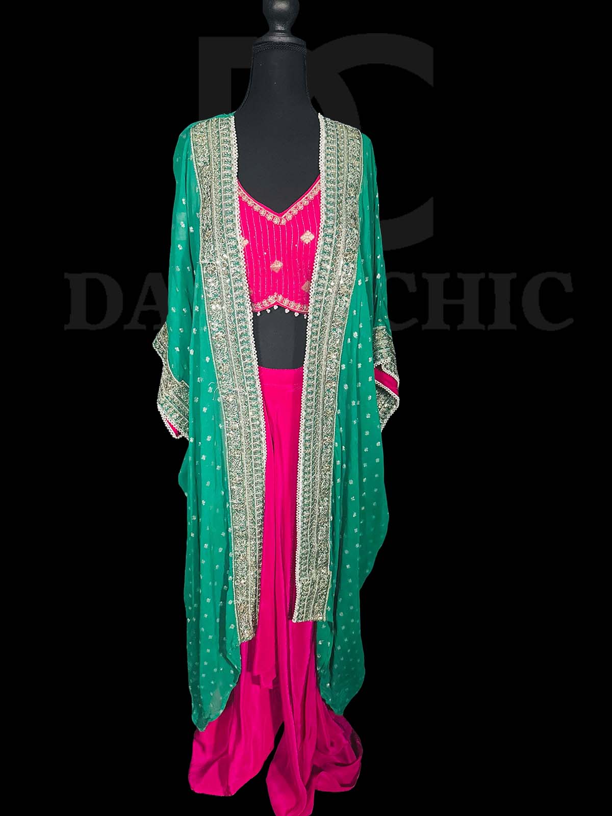 Pink | Green Oversized Embroidred Cape Set