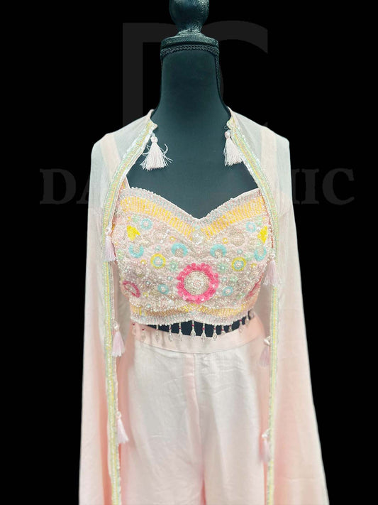 Off White Flared Palazzo And Crop Top In Reshan Embroidery