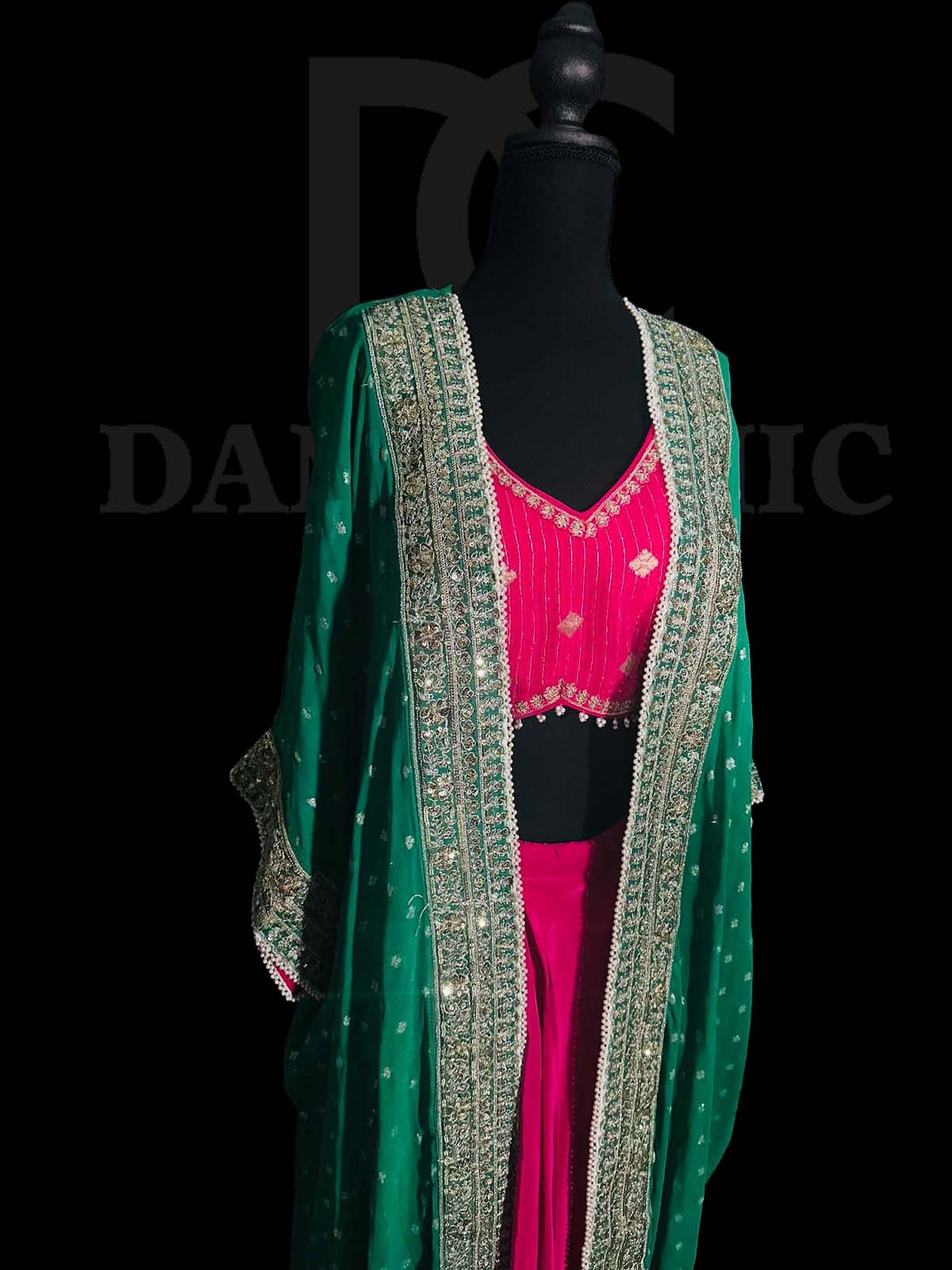 Pink | Green Oversized Embroidred Cape Set