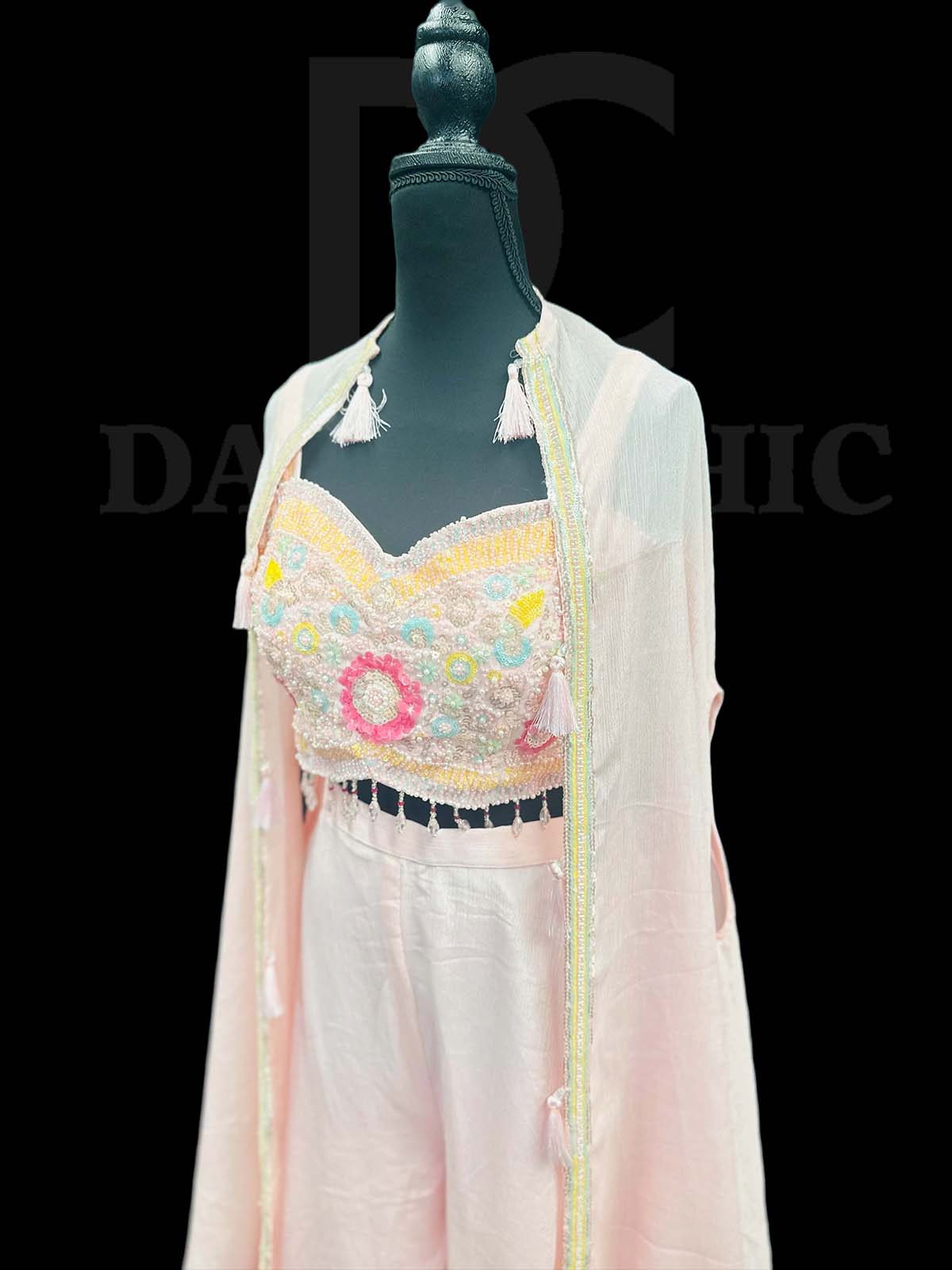 Off White Flared Palazzo And Crop Top In Reshan Embroidery