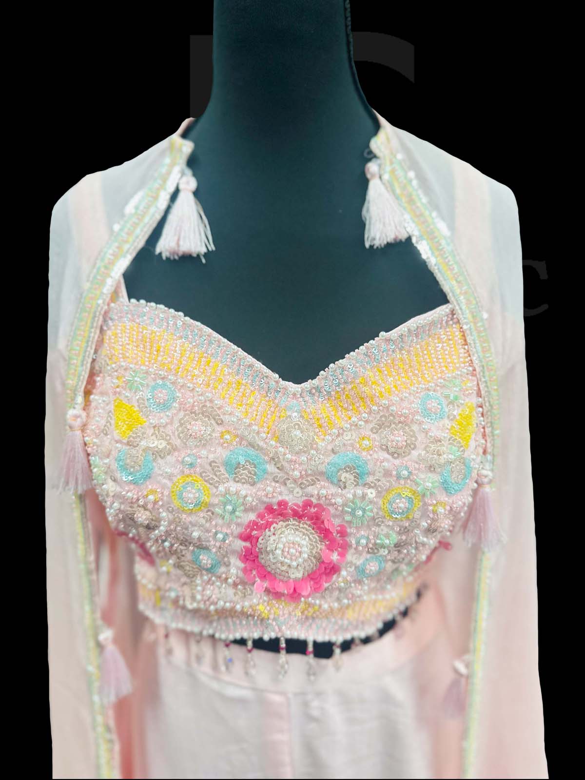 Off White Flared Palazzo And Crop Top In Reshan Embroidery
