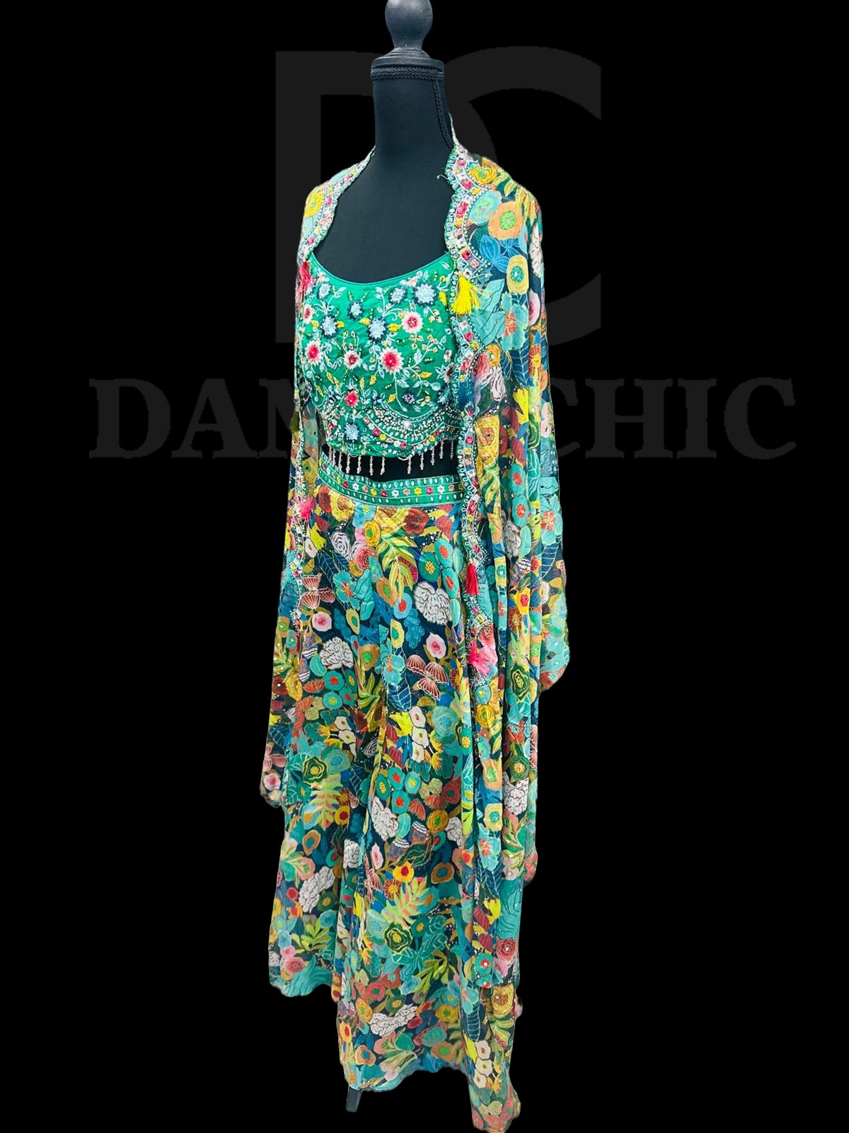 Floral Chickankari Plazzo with Crop Top