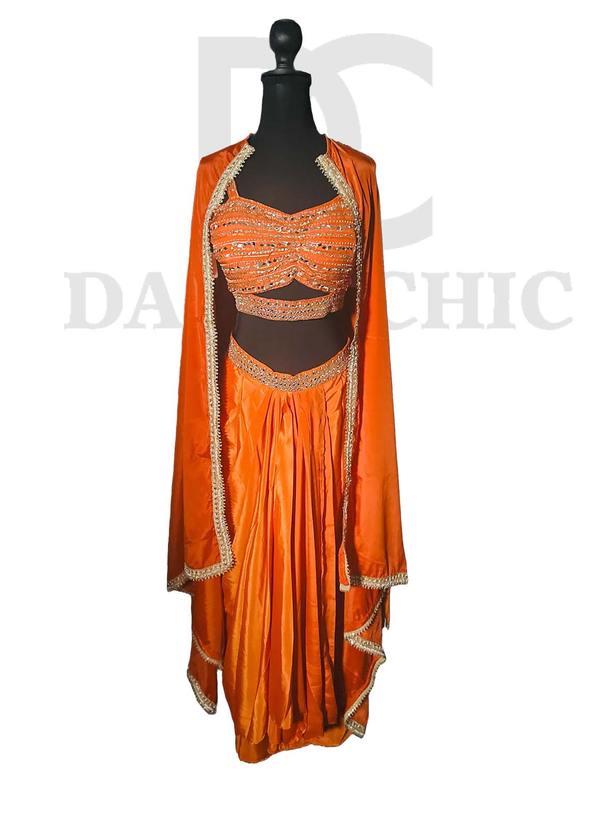Orange organza shrug lehenga choli with heavy resham