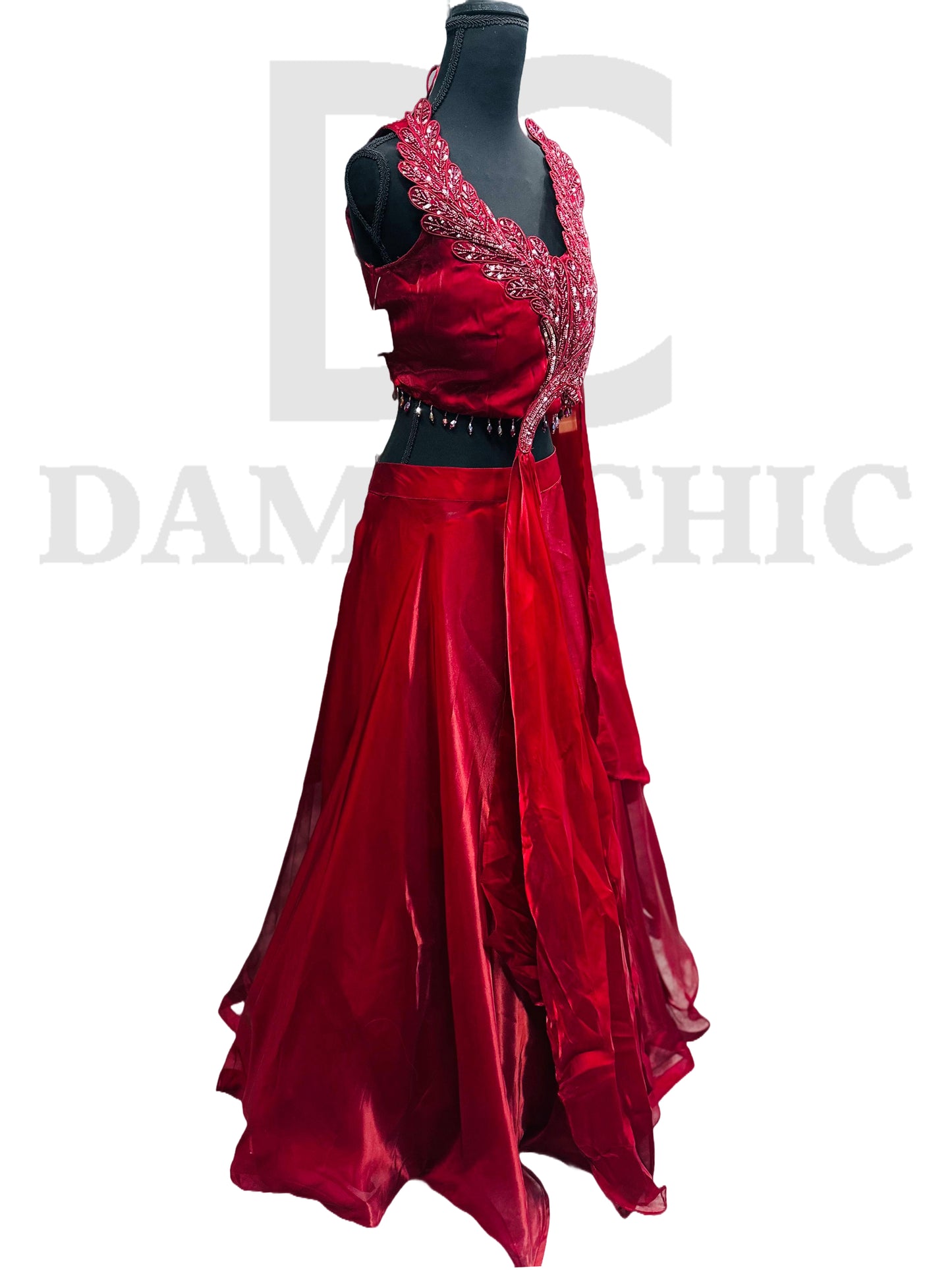 Red Velvet Embroidered Lehenga Gown