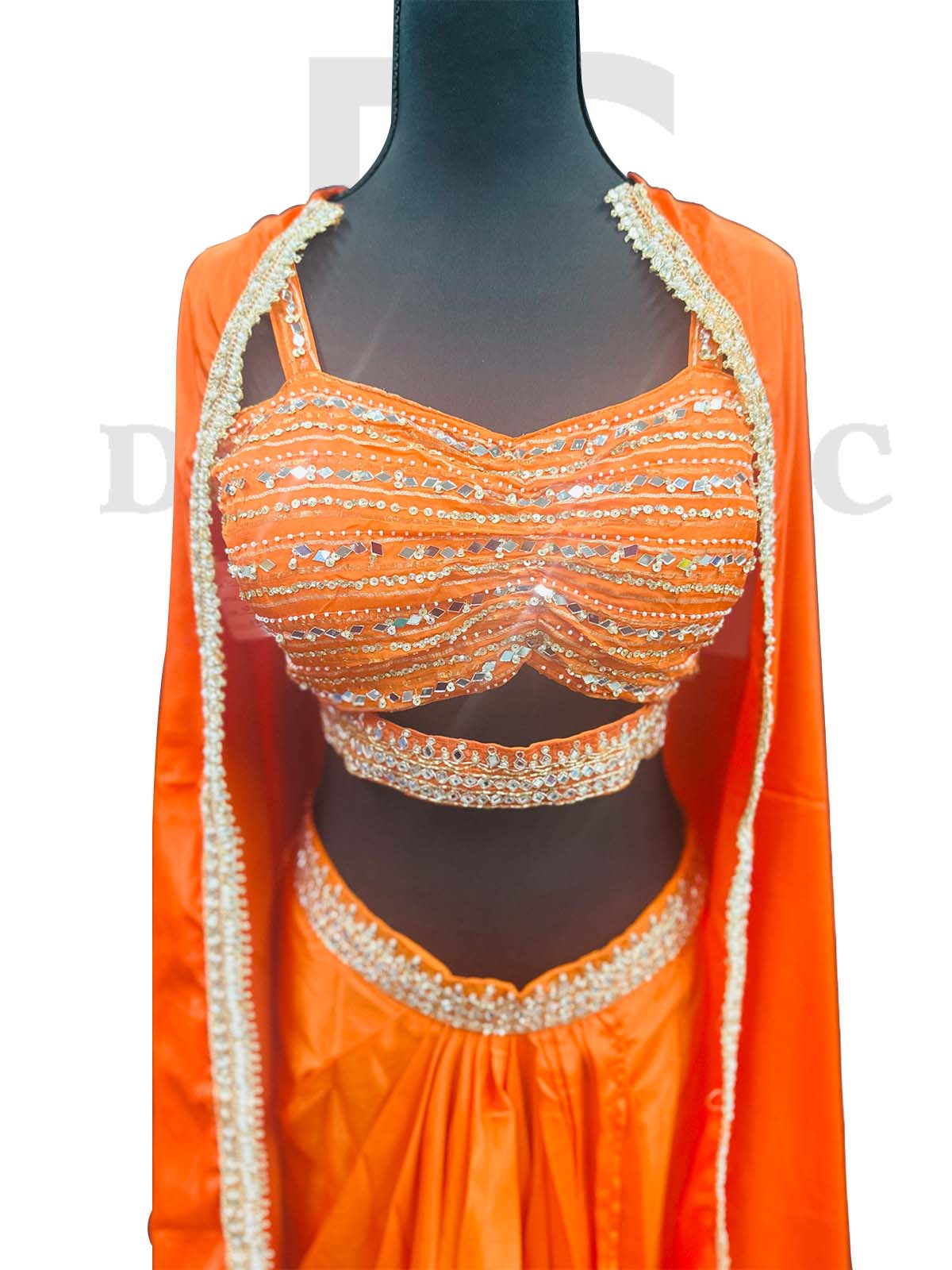Orange organza shrug lehenga choli with heavy resham