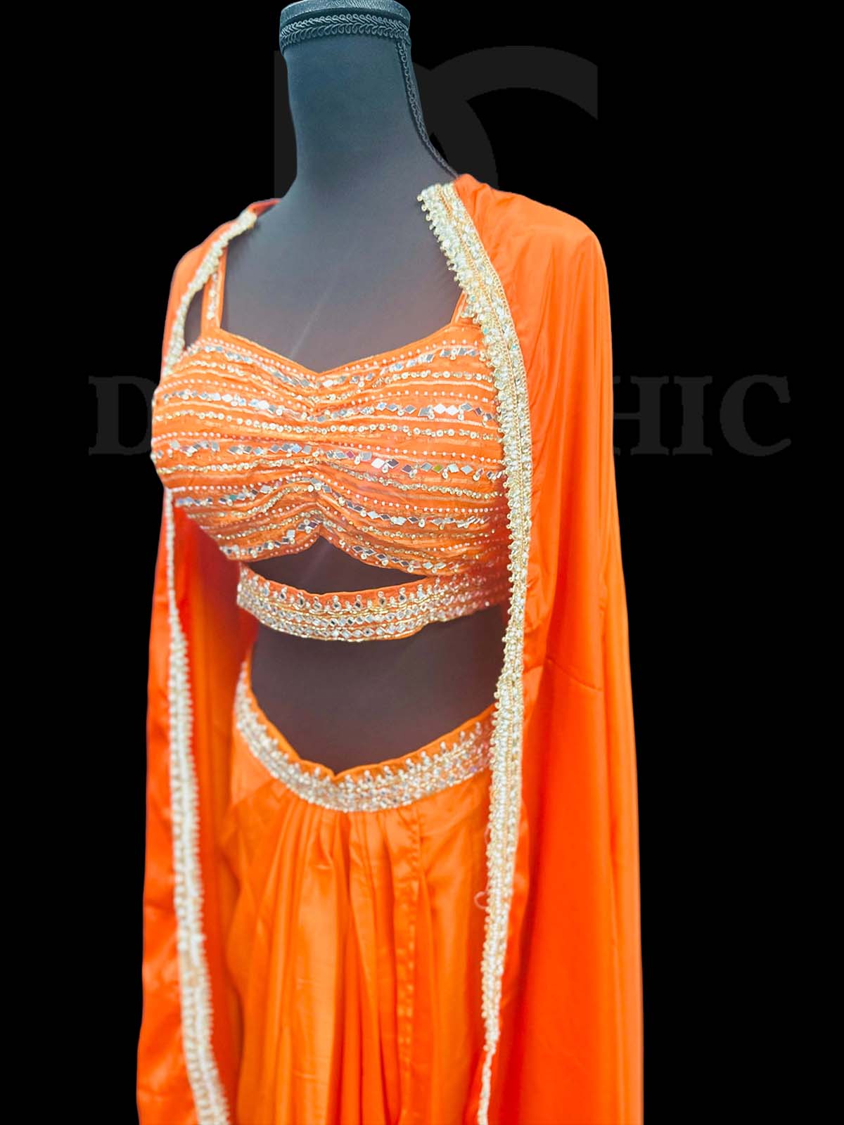 Orange Organza Shrug Lehenga Choli With Heavy Reshan