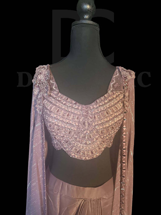 Mauve Skirt With Crop Top & Cape