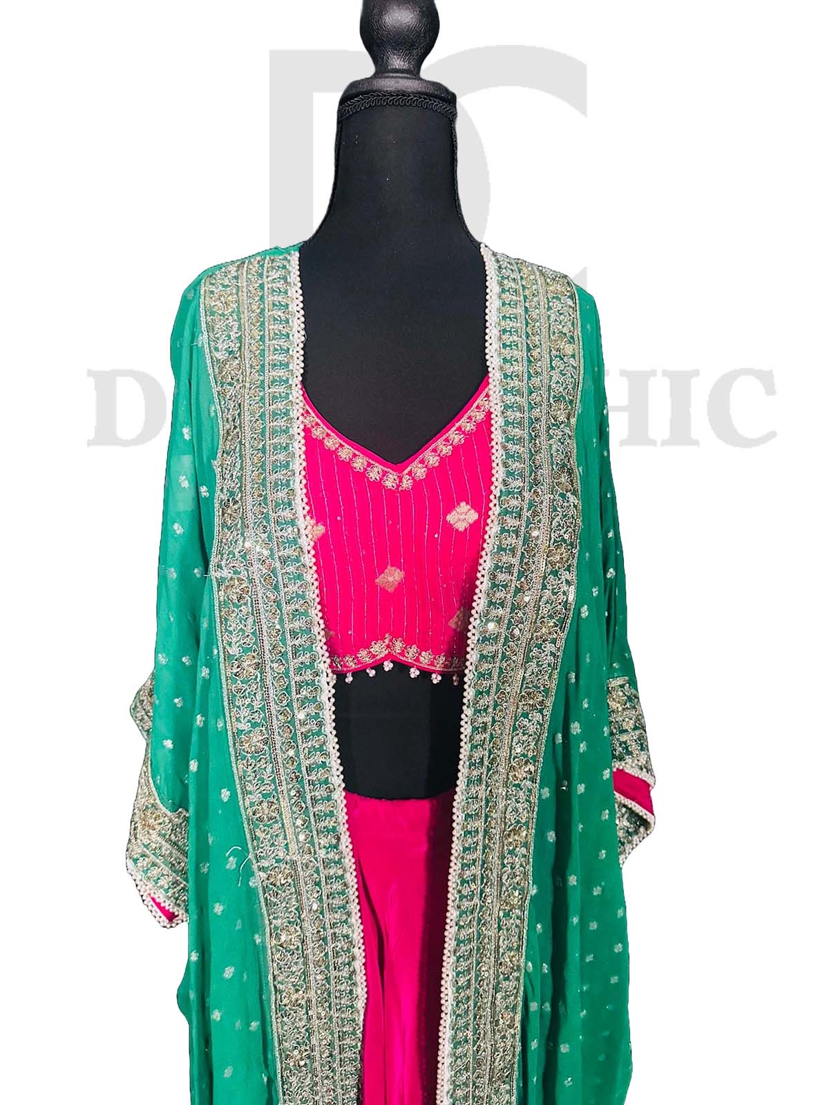Pink | Green Oversized Embroidred Cape Set