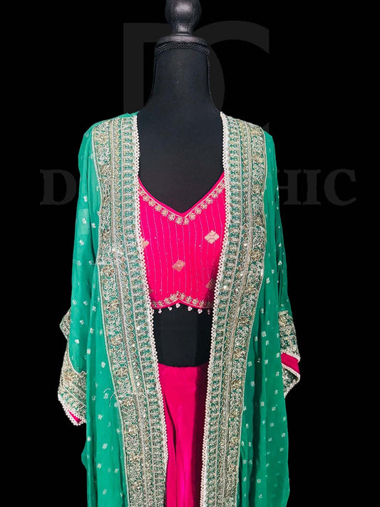 Pink | Green Oversized Embroidred Cape Set