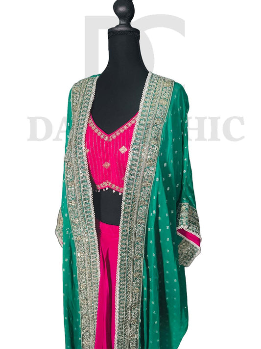 Pink | Green Oversized Embroidred Cape Set