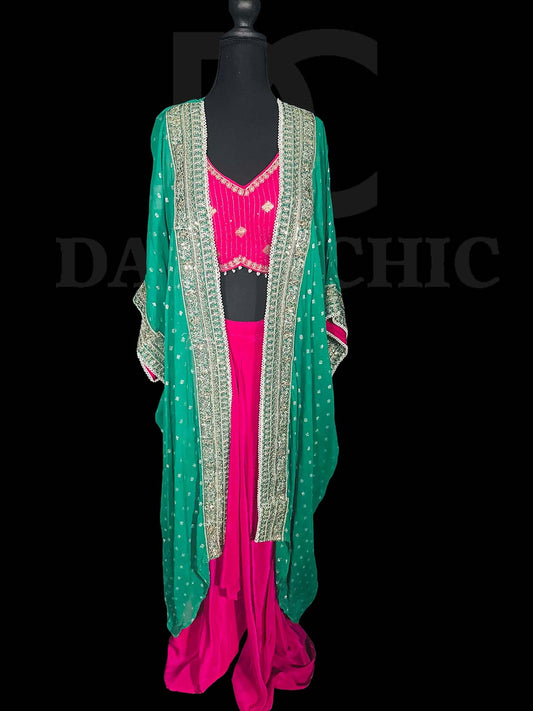 Pink | Green Oversized Embroidred Cape Set