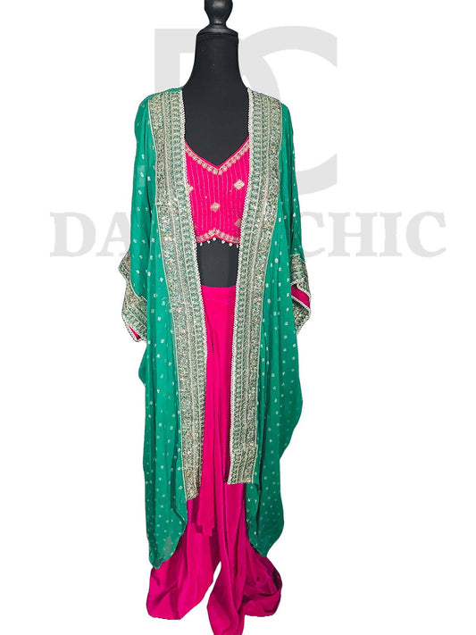 Pink | Green Oversized Embroidred Cape Set