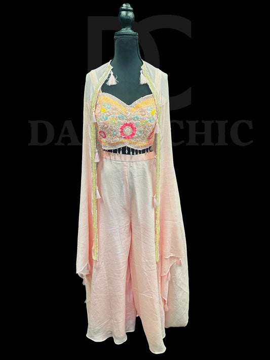 Off White Flared Palazzo And Crop Top In Reshan Embroidery