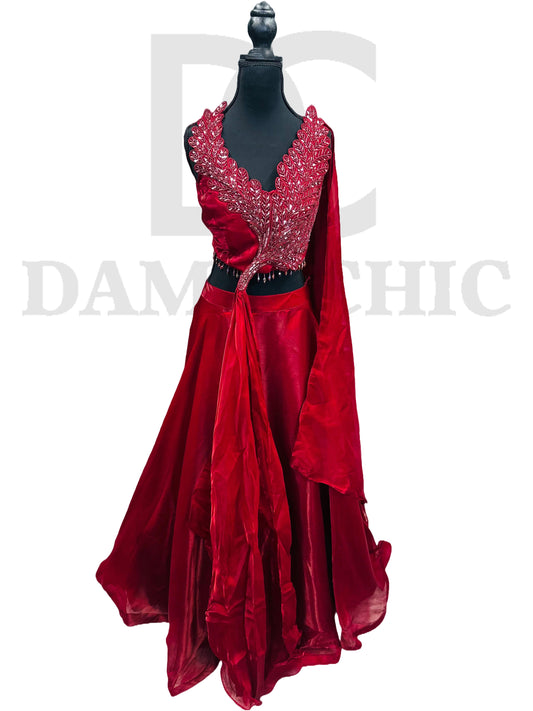 Red Velvet Embroidered Lehenga Gown