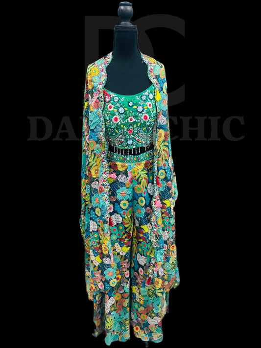 Floral Chickankari Plazzo with Crop Top