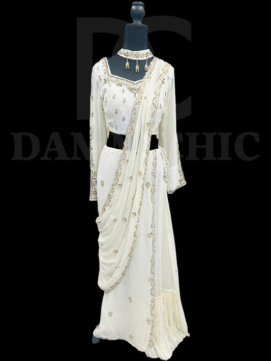White Designer Ready To Wear Lehenga Saree