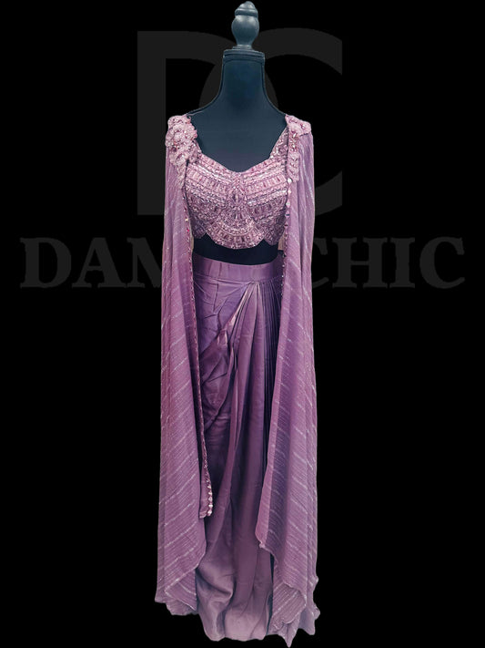 Purple Embroidered three-piece Ethnic wear ensemble