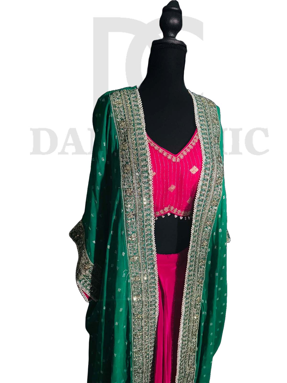 Pink | Green Oversized Embroidred Cape Set