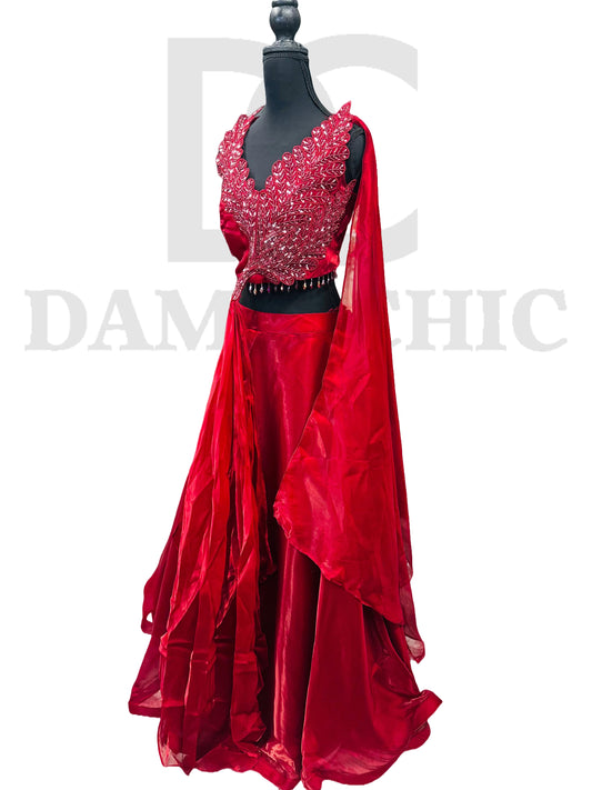 Red Velvet Embroidered Lehenga Gown