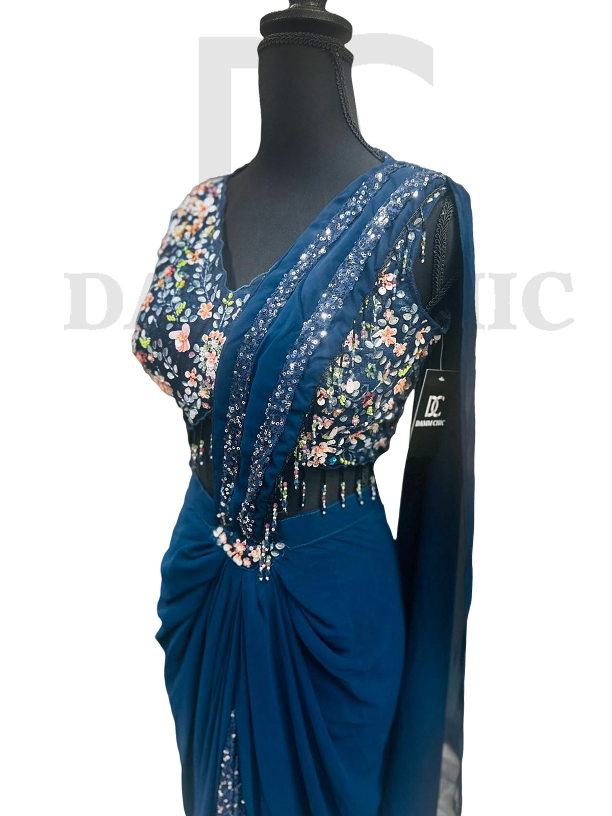 Pre-Stitched Saree with a Floral Embroidered