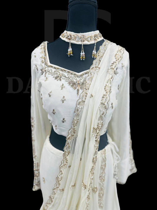 White Designer Ready To Wear Lehenga Saree