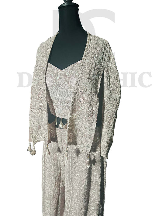 Embroidered Sharara Suit with a Shrug Sage Green