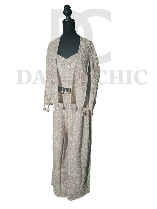 Embroidered Sharara Suit with a Shrug Sage Green