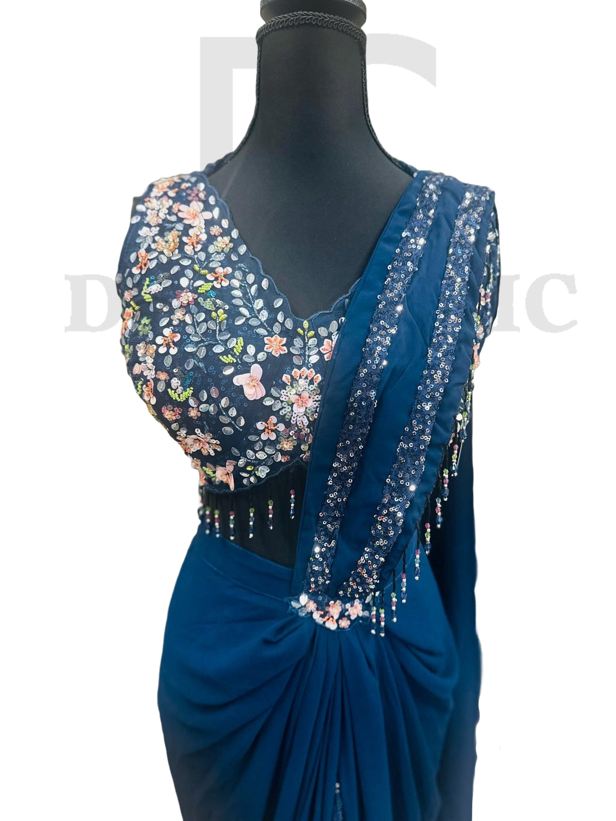 Pre-Stitched Saree with a Floral Embroidered