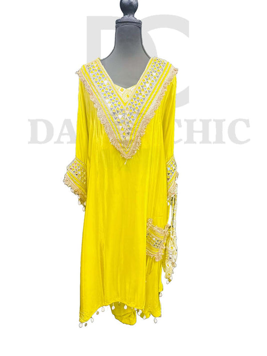 Yellow Gota Embroidered Kaftan