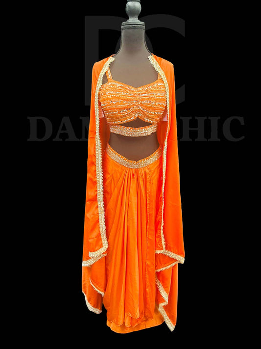 Orange Organza Shrug Lehenga Choli With Heavy Reshan