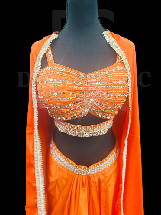 Orange Organza Shrug Lehenga Choli With Heavy Reshan