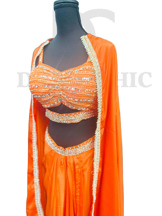 Orange organza shrug lehenga choli with heavy resham