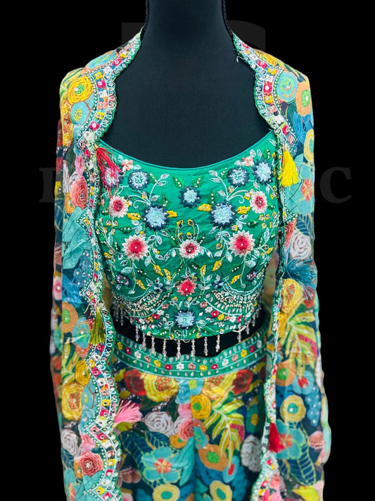Floral Chickankari Plazzo with Crop Top