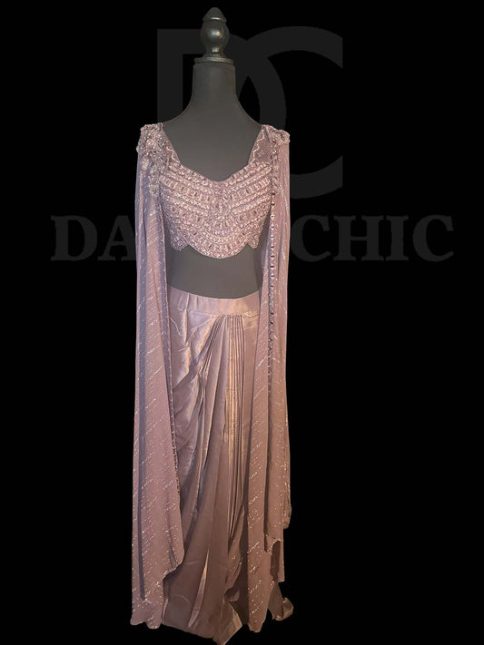 Mauve Skirt With Crop Top & Cape